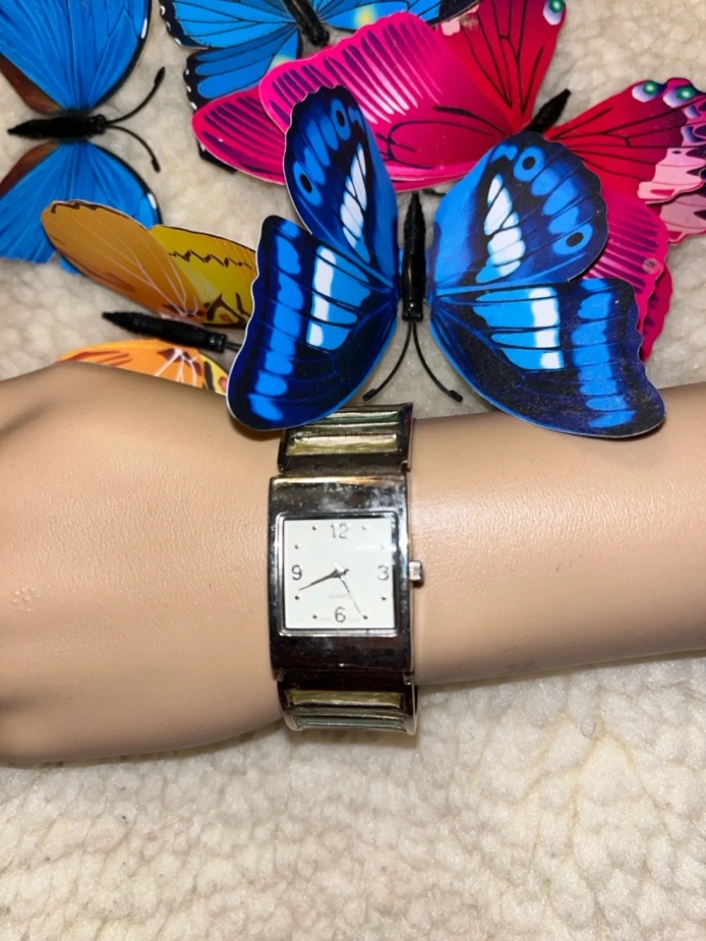 Silver Tone Women's Square Dial Watch with Blue Butterfly Accent